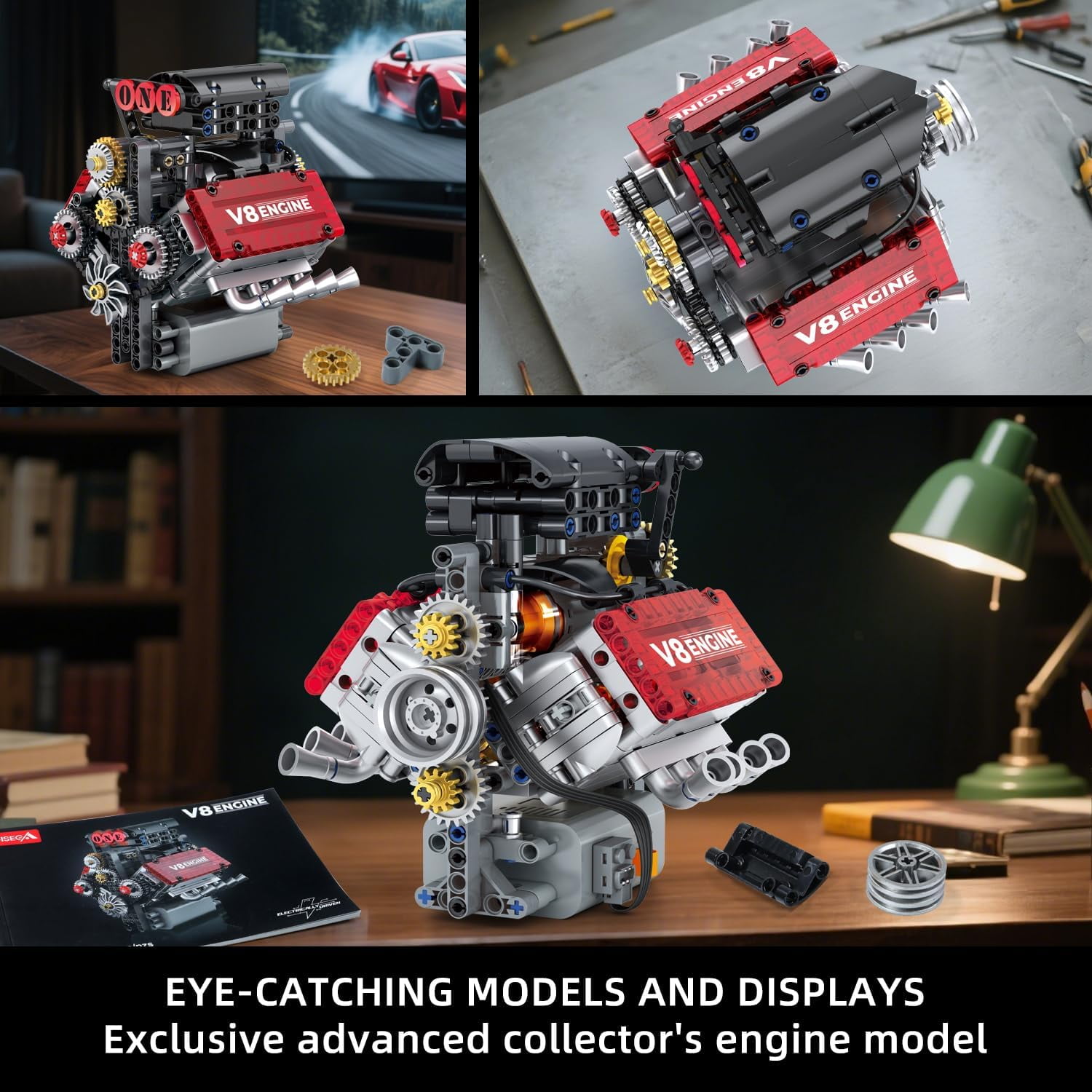 478PCS V8 Engine Building Set,V8 Engine Model kit that Run,Build Your Own STEM Mini V8 Model Engine Kit with Battery Box and L Motor,8-Cylinder Car Engine Building Engineering Toys for Kids Adults