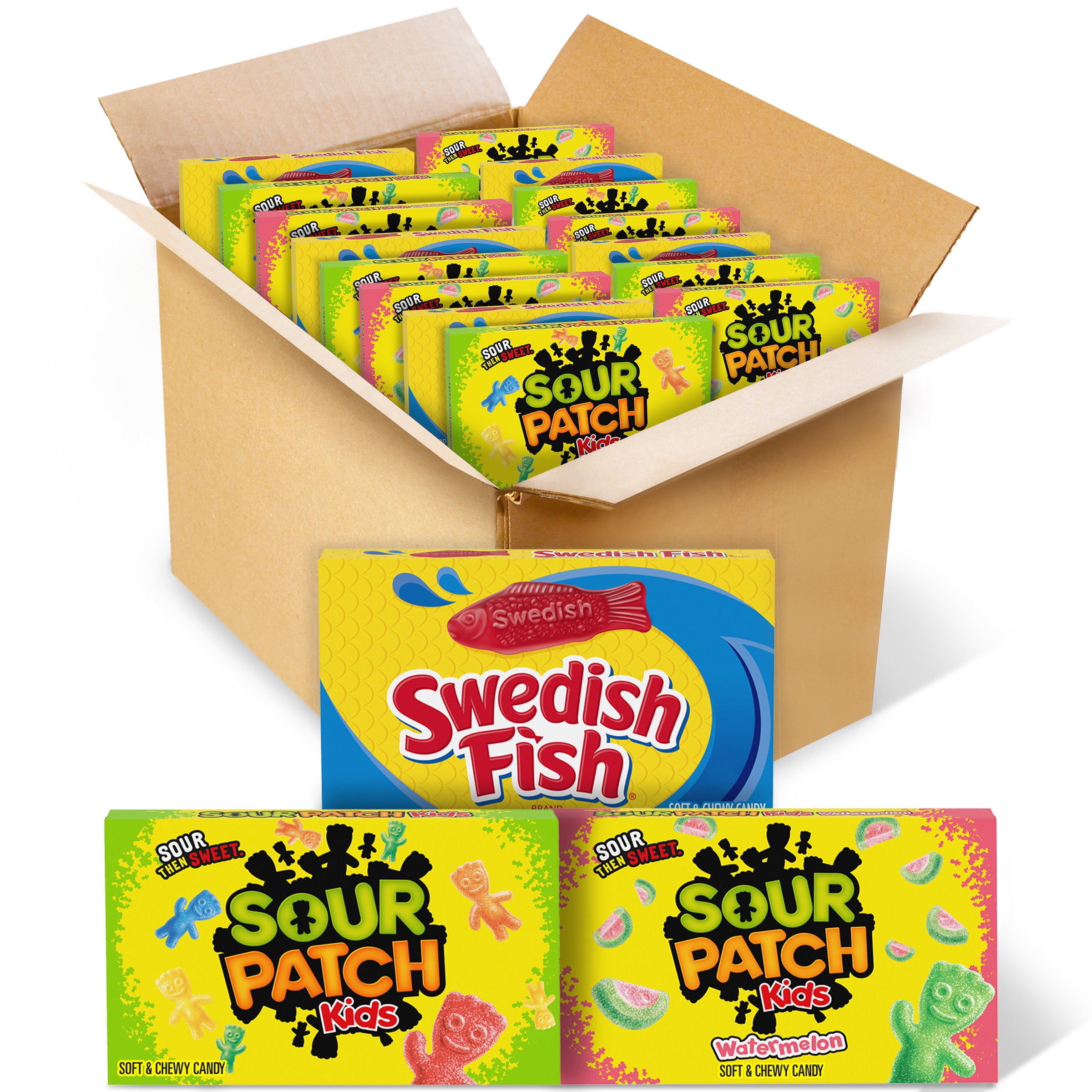 SOUR PATCH KIDS Original Candy, SOUR PATCH KIDS Watermelon Candy & SWEDISH FISH Candy Variety Pack, 15 Movie Theater Candy Boxes