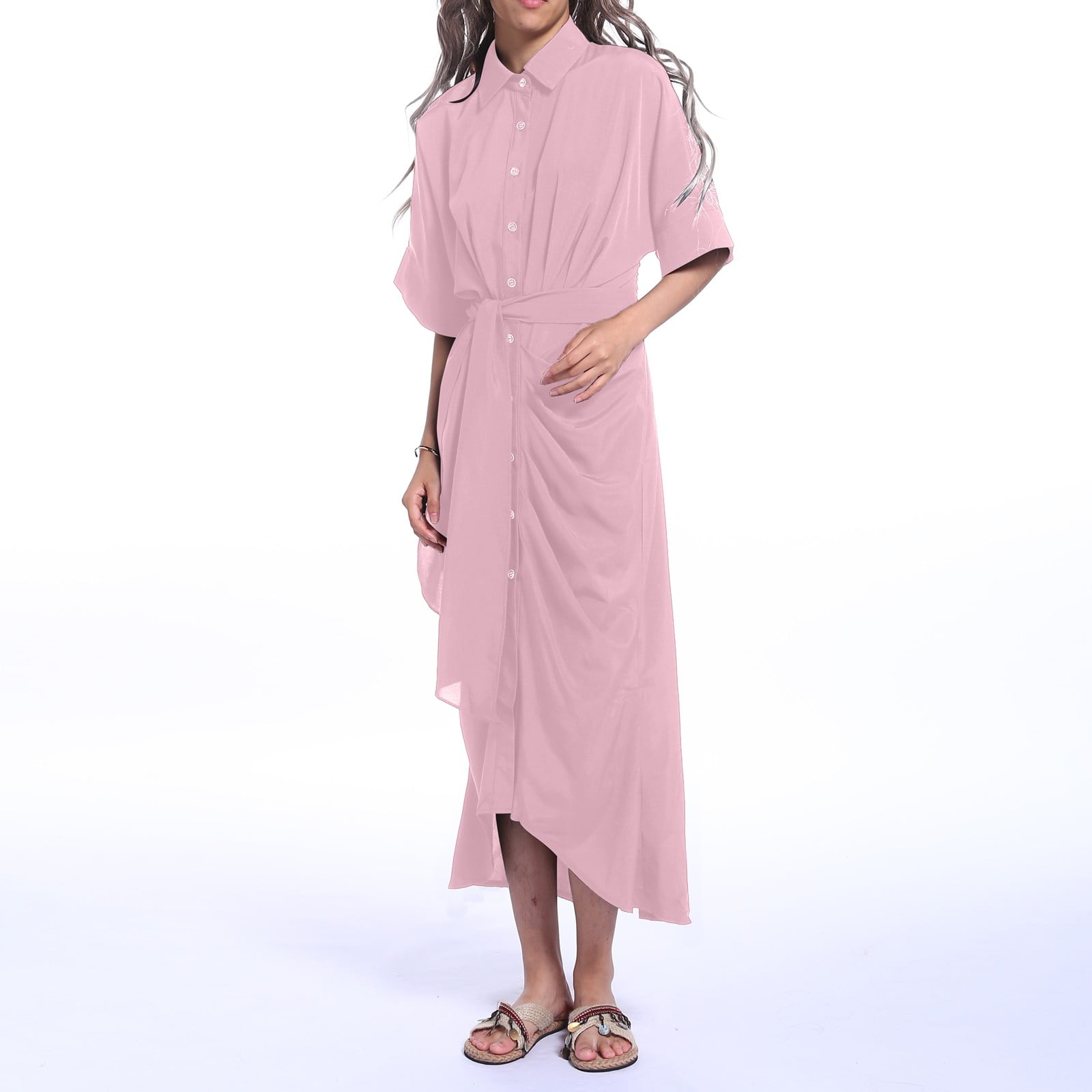 Jamsmile Women Shirt Dress Summer Casual Button Down Solid Color Short Sleeve Belted Shirts Dress Elegant Loose Midi Dress Clothes