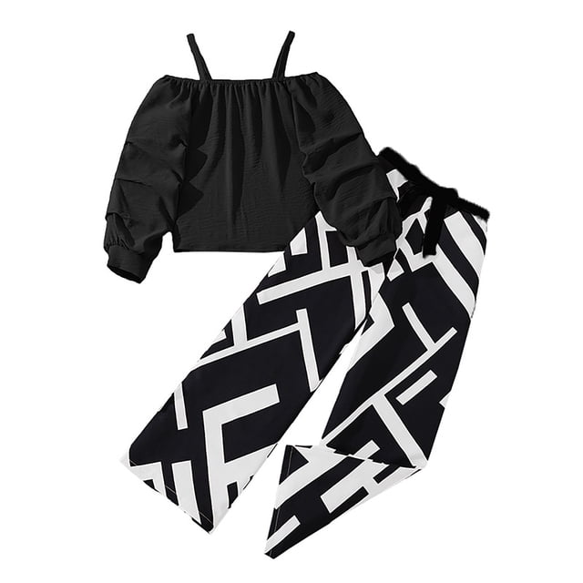 Baby Outfit Baby Girl Spring Summer Toddler Girl Stylish Outfits 2 Piece Set Loose Ruffled Sleeve Floral Print Wide Leg Pants and Tops Ensemble Naissance Fille Black 7 Years-8 Years