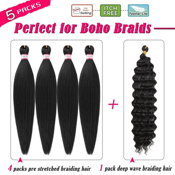WEIF-Black Braiding Hair for Boho Braids 20 Inch 4 Packs Pre Stretched Braiding Hair and 18 Inch 1 Pack Deep Wave Crochet Boho Braids Synthetic Hair Extensions (1B#)