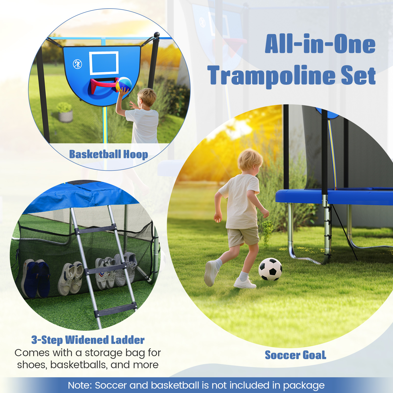 Gymax 10 x 8 FT Heavy-Duty Trampoline w/Basketball Hoop Soccer Goal Non-Slip Ladder Blue