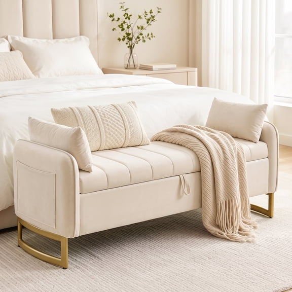 BaseBeauty 66" Storage Bench for Bedroom, End of Bed Bench with 2 Pillows, Velvet Bench for Bedroom with Gold Legs, Beige