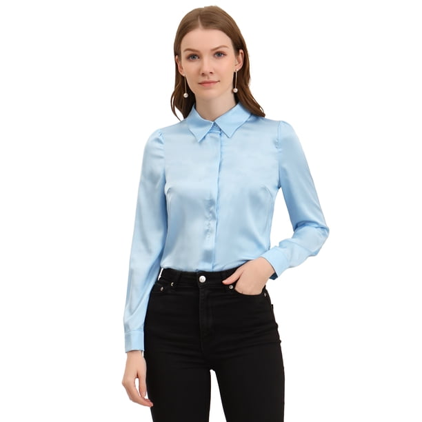 INSPIRE CHIC Camisa Casual De Negocios De Oficina De Satén De Manga Larga Con Botones Y Cuello En Punta Para Mujer Azul claro S