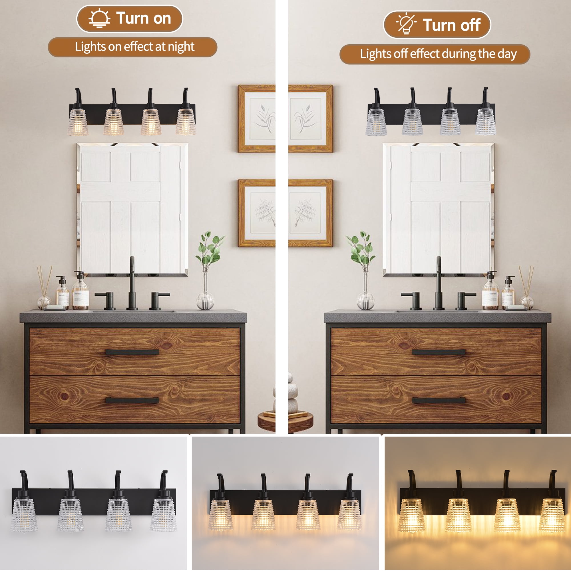 4-Light Matte Black Vanity Light, Modern Farmhouse Bathroom Light Fixture with Clear Rippled Glass Shades for Mirror, 28.74 Inch