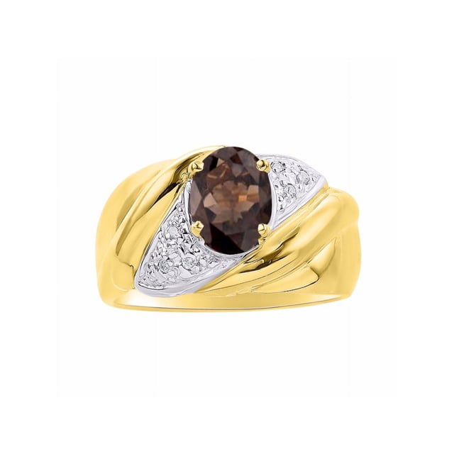 RYLOS Bagues pour Femmes Bague en Or Jaune 14K Pierre Précieuse Ovale 8X6MM et Diamants Design Classique Juin Quartz Fumé Bijoux pour Femmes Taille 5