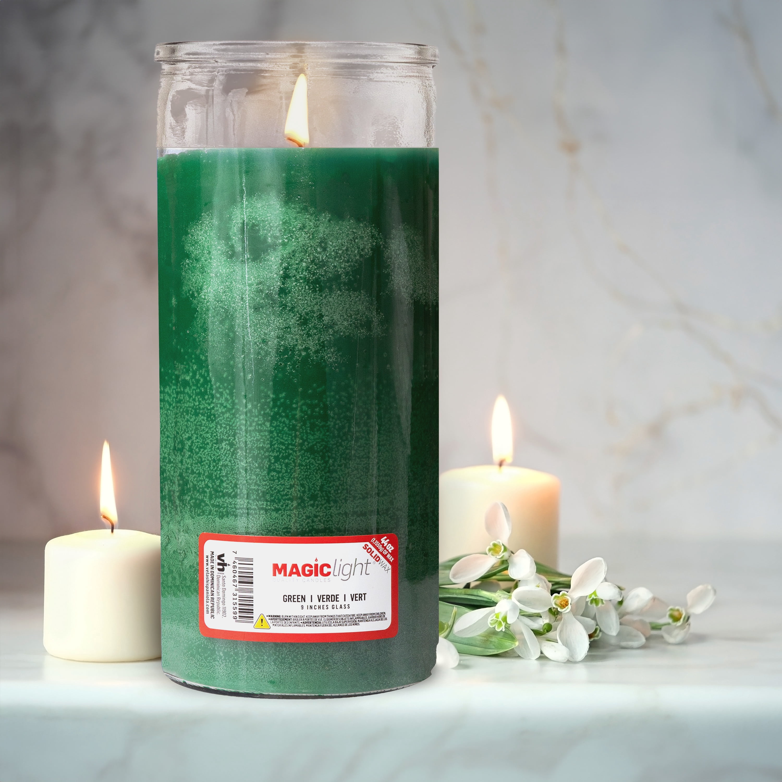 MagicLight Religious Candles 44 oz - Clear Glass Jar, Unscented Green Wax