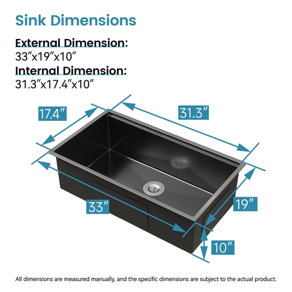 Boyuevi Kitchen Sink 33"x19" Multifunctional undermount Flying Rain Waterfall S304 Stainless Steel Handmade Modern Single Bowl Kitchen Sink Black