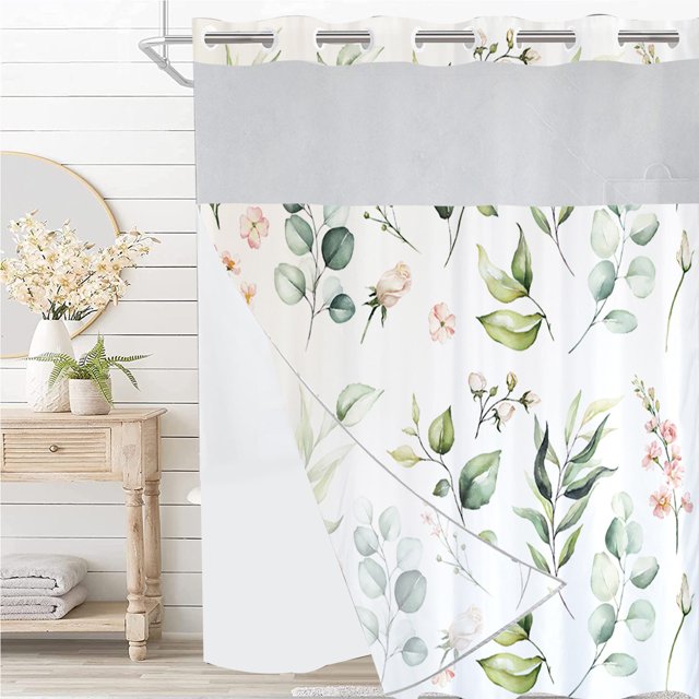 Dznils Cortina Shower de Tela Blanca sin Gancho con Forro a Presión, 72 x 74, Estampado Floral Verde