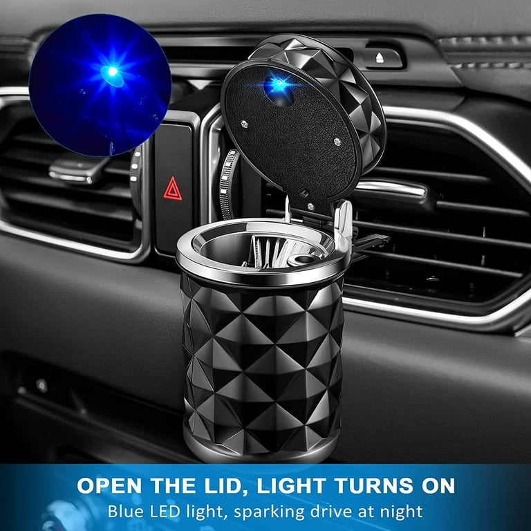 Car Ashtray,cigarette Ashtray Holder Cup Car Smokeless Cylinder Ashtray  Self-extinguishing Ash Tray Matte Surface With Blue Led Light Indicator Car  Ci