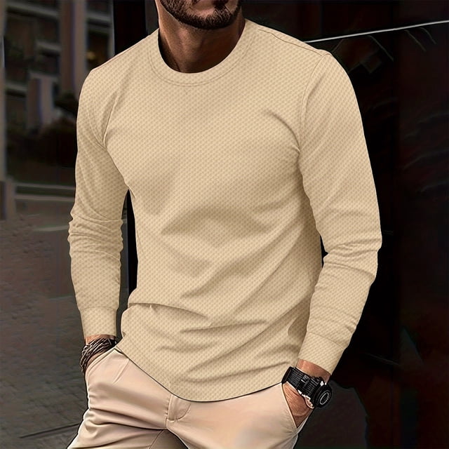 Qertyioot Homme Manches Longues Couleur Unie Col Rond Mode T-Shirt Décontracté Automne