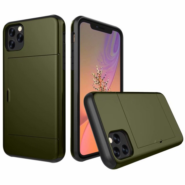 Étui iPhone 12 Mini Hybride Robuste à Dos Rigide avec Fente pour Carte de Crédit d'Identité, Porte-Cartes Portefeuille pour Apple iPhone 12 Mini - Vert Armée