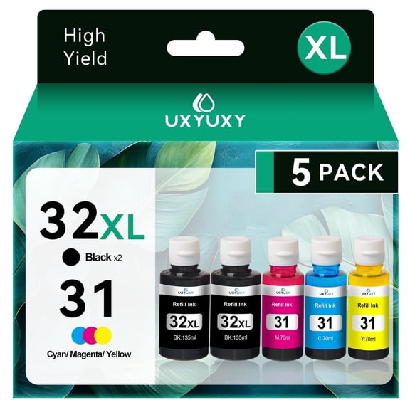 31 32XL Refill Ink Bottle Replacement for HP 31 32XL Ink Bottle for Smart Tank 5101 5102 7301 7602 7001 6001 Plus 651 551 455 457 450 (2 Black, Cyan, Magenta, Yellow, 5-Pack)