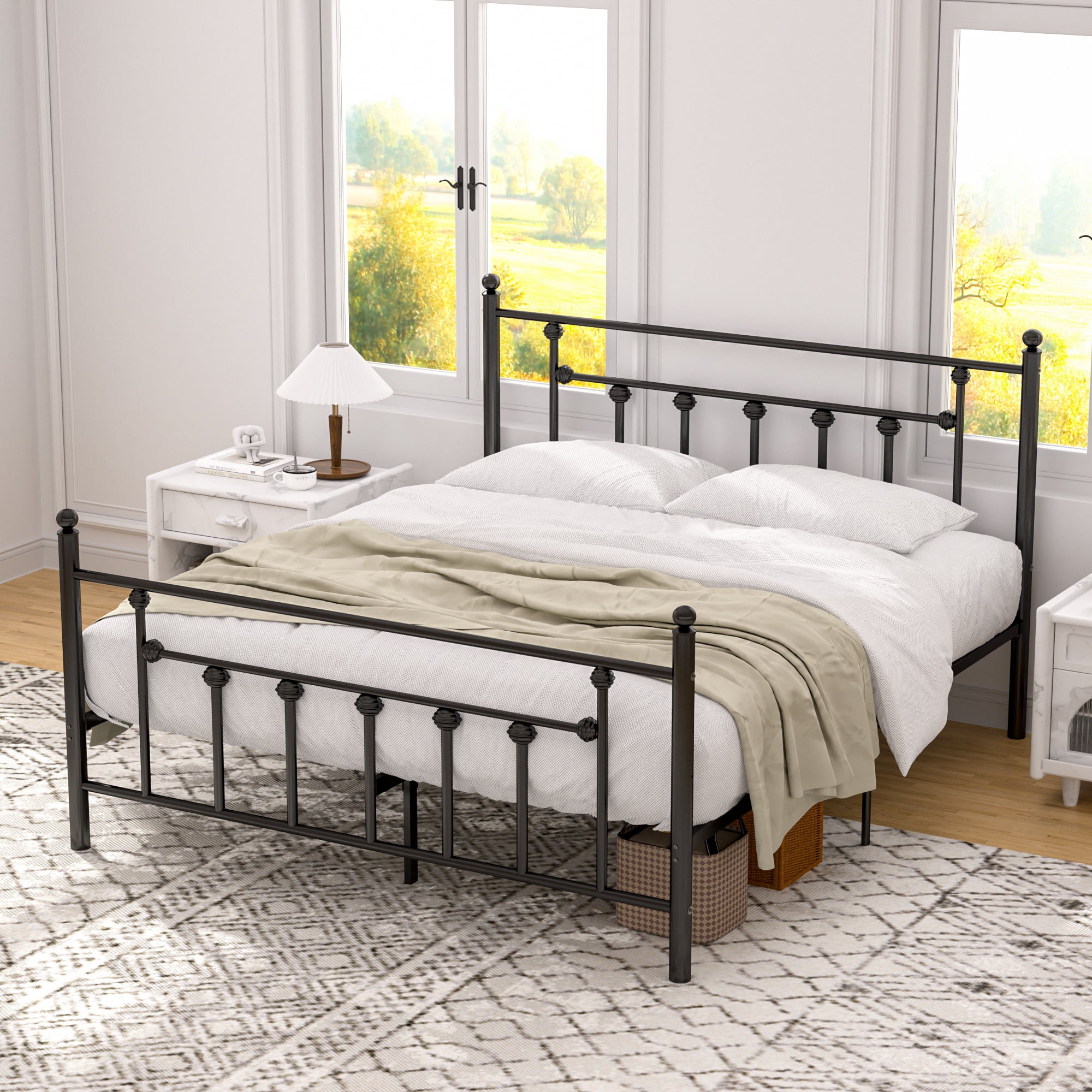 Victorian Queen Size Metal Platform Bed Frame with Headboard & Footboard, No Box Spring Needed, Black