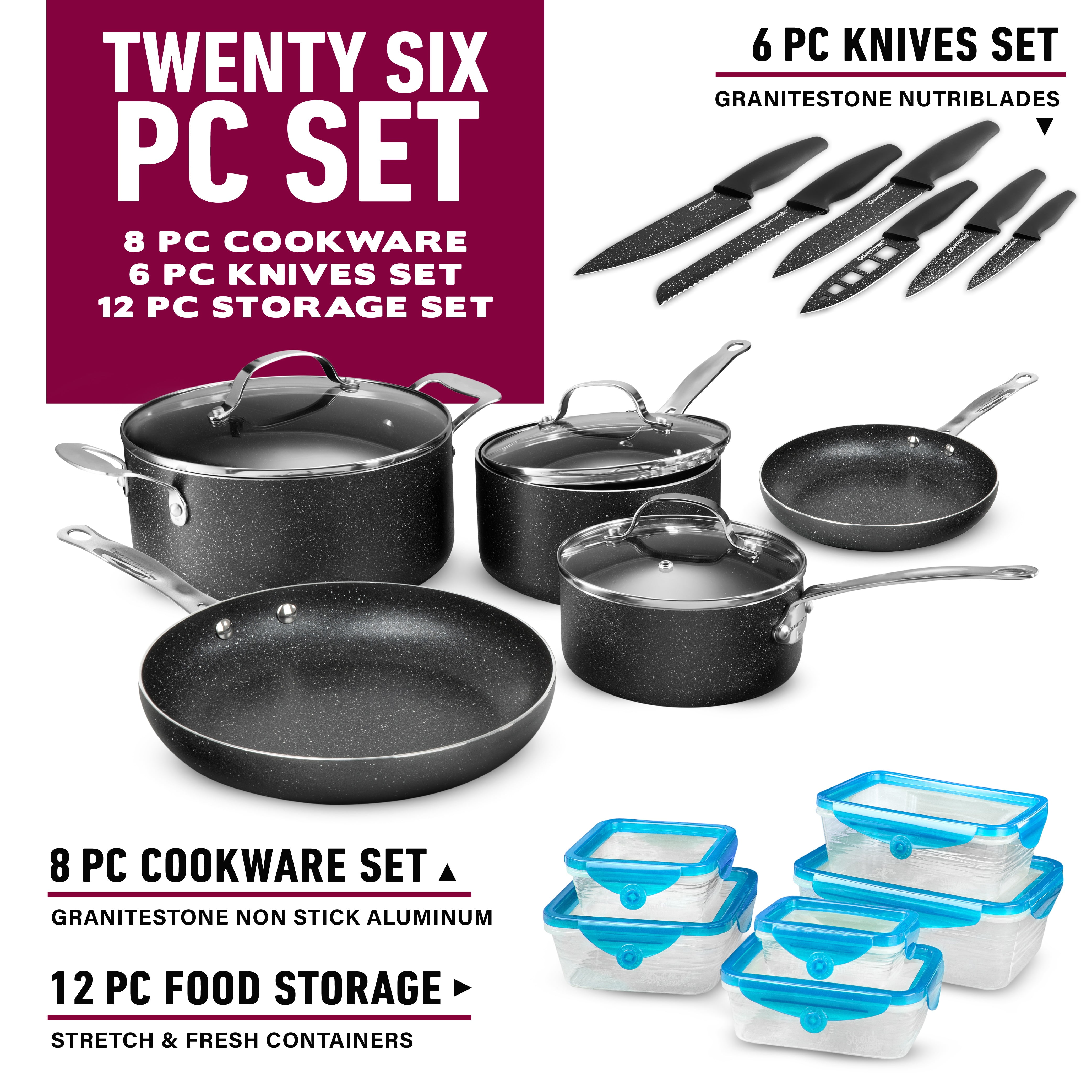 Granitestone Cookware Set Pots and Pans Set Stretch and Fresh Container Nutriblade Set -