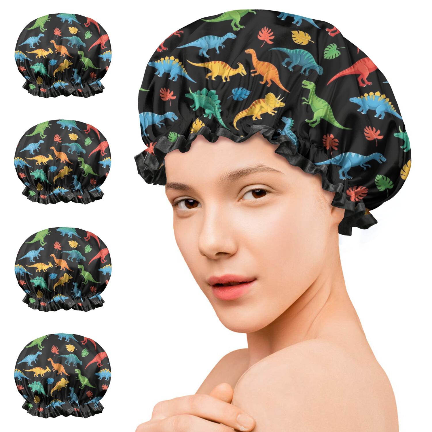 Shower Caps,Black Cartoon Dinosaurs Colorful Leaves Pattern Waterproof Shower Cap for Women 4 Pieces,Double Reusable Hair Cover for Shower PEVA Elastic Stretch Hem