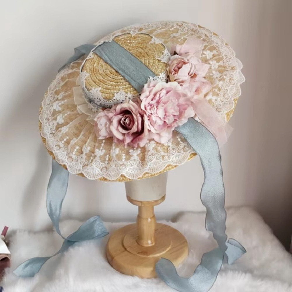 Sweet Tea Party Bonnet Lolita Flower Ribbon Sunshade Straw Hat Lace Sun Hat Vintage Flowers Flat Hat Pastoral Style Straw Hats