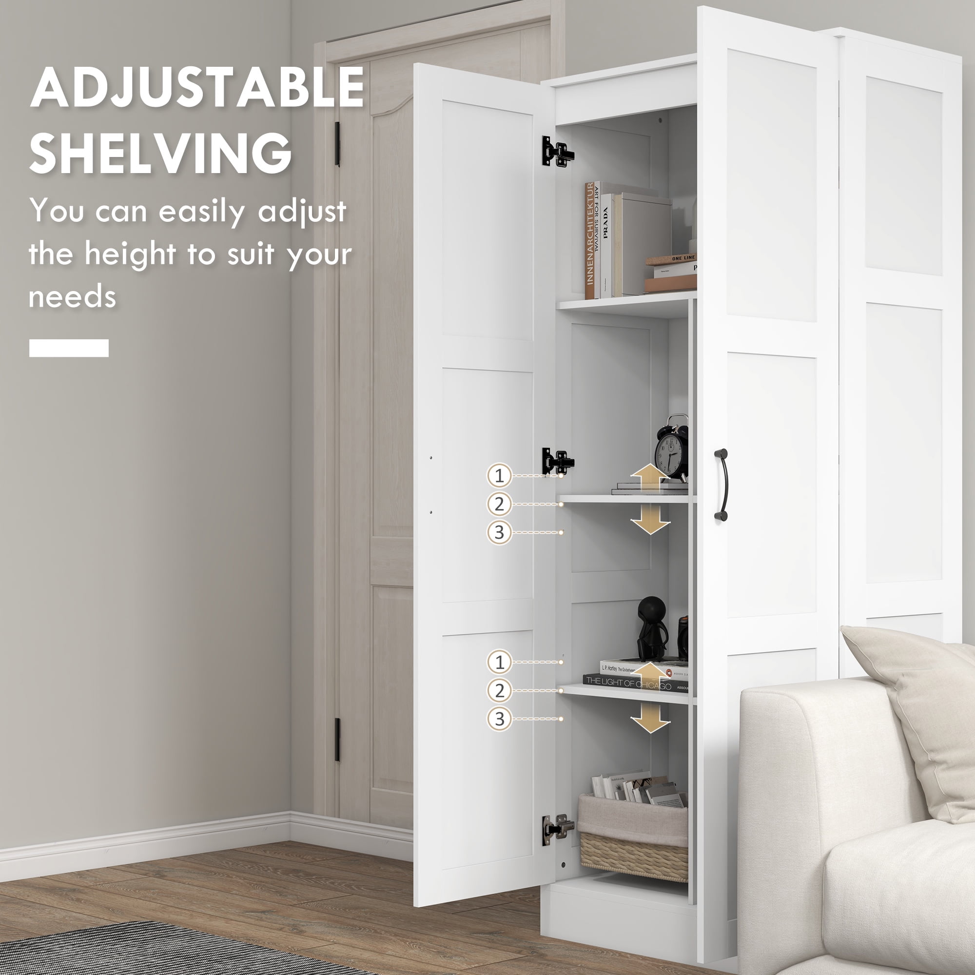HOMCOM Storage Cabinet w/ Storage Shelves, Pantry Cupboard Cabinet, White