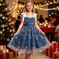 thumbnail image 4 of Girls Embroidered Tulle Dress Tie Strap Floral Ruffle Aline Dress Sleeveless Formal Birthday Party Dresses Dark Blue, Size 9-10, 4 of 6
