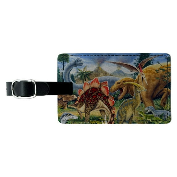 Dinosaurs Jurassic Collage T-Rex Stegasaurus Rectangle Leather Luggage Card Suitcase Carry-On ID Tag