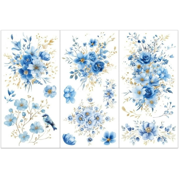 1 Set 3pcs/Set Blue Gold Foil Flower Rub on Transfers for Furniture and Crafts 6x12 inch Blue Flower Furniture Decals Floral Theme Transfer Stickers Rub on Decals for Wood Furniture Home Decor