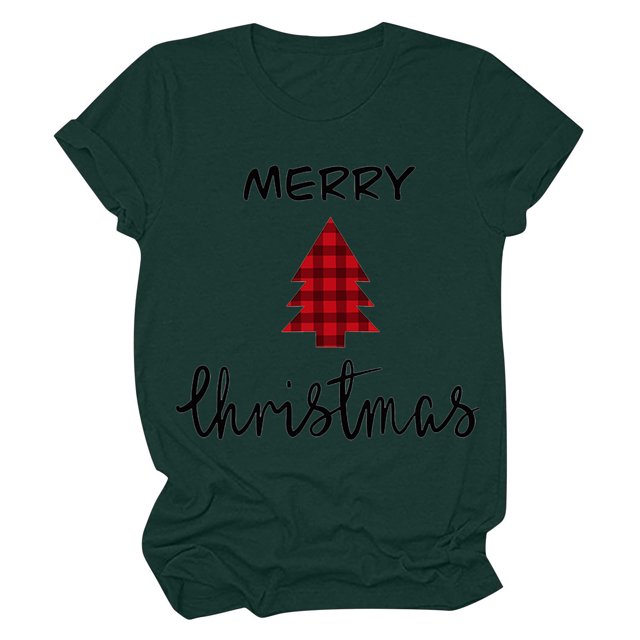 Haut de Sapin de Noël Femme Décontracté Col Rond Manches Courtes T-shirt Imprimé Sapin de Noël Haut