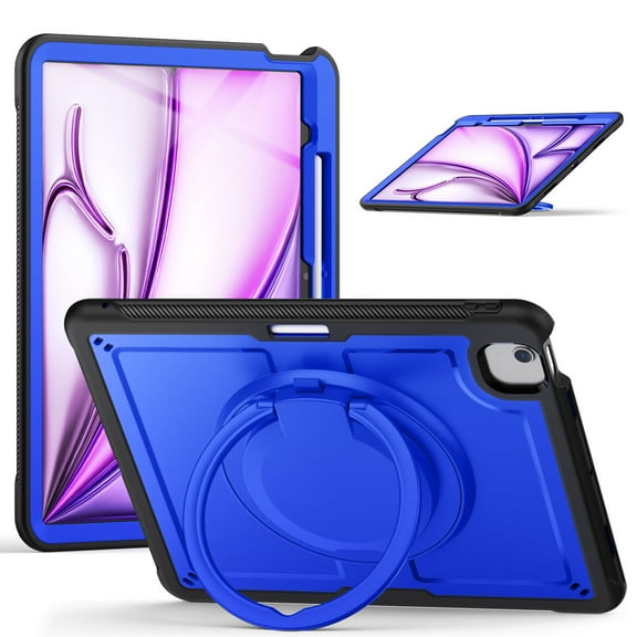 Shockproof Case for Apple iPad Air 13 Inch 2024 M2, Rugged Hybrid Protective Cover with Pencil Holder & Shoulder Strap Kids Friendly Rotating Kickstand Case for iPad Air 13" 2024, Darkblue