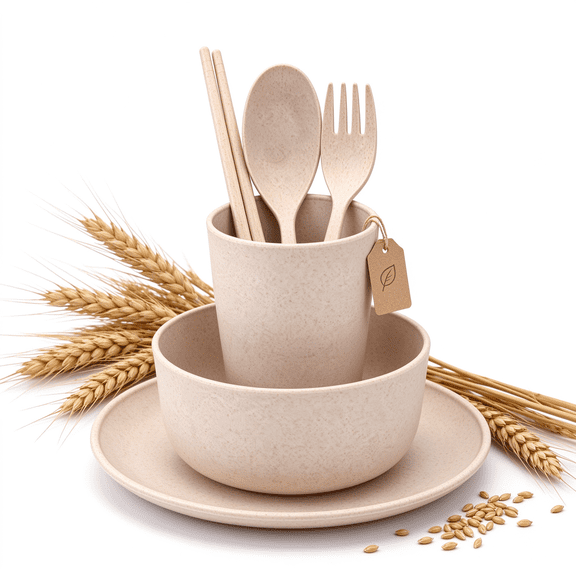 Lenkho 6-Piece Wheat Straw Dinnerware Set, Eco-Friendly Lightweight Tableware Includes Bowl, Plate, Cup, Chopsticks, Spoon & Fork, Reusable Dish Set for Home, Picnic, Travel Daily Meals