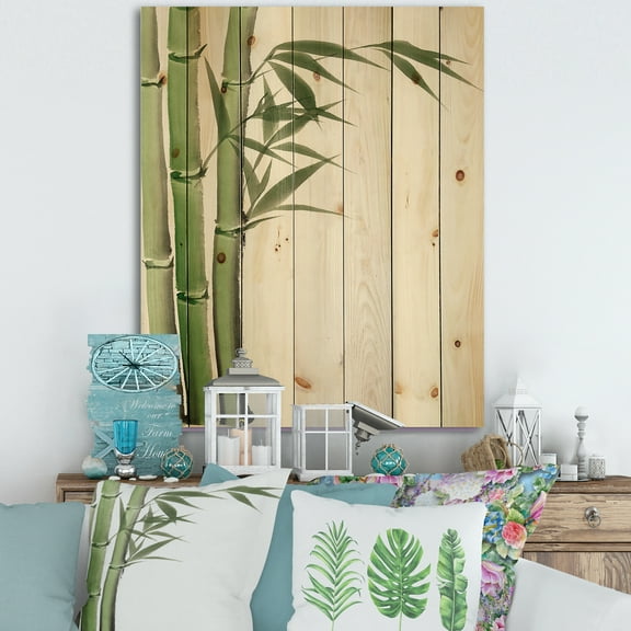 Designart 'Detail of Dark Green Bamboo and Leaves IV' Traditional Print on Natural Pine Wood