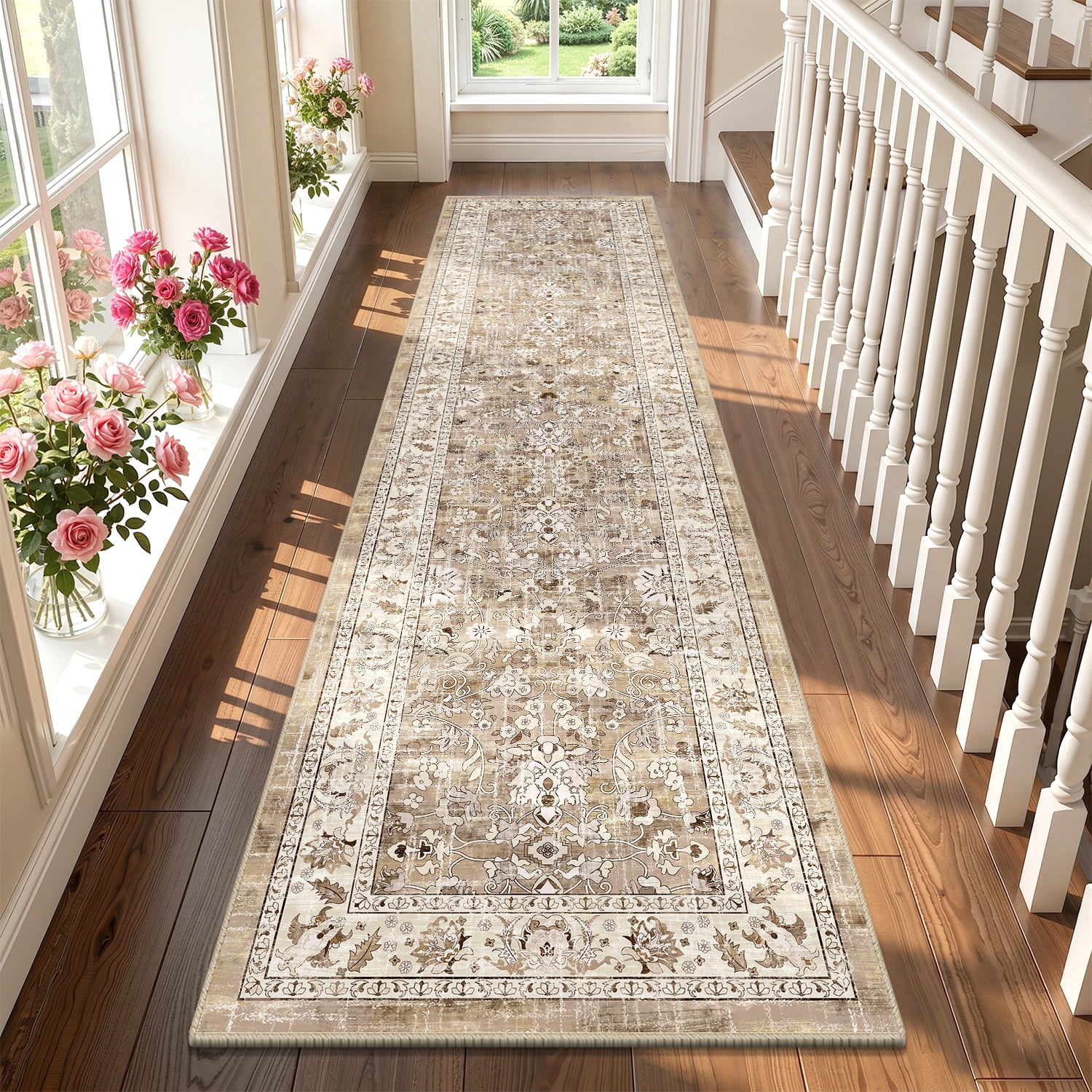 MJIAexp 2'x8' Boho Floral Kitchen Runner Rug Machine Washable Runner Rug Non-Slip Rubberback Hallway Runner Laundry Rug Throw Carpet for Living Room Bedroom Dining Room Entryway Kitchen Beige