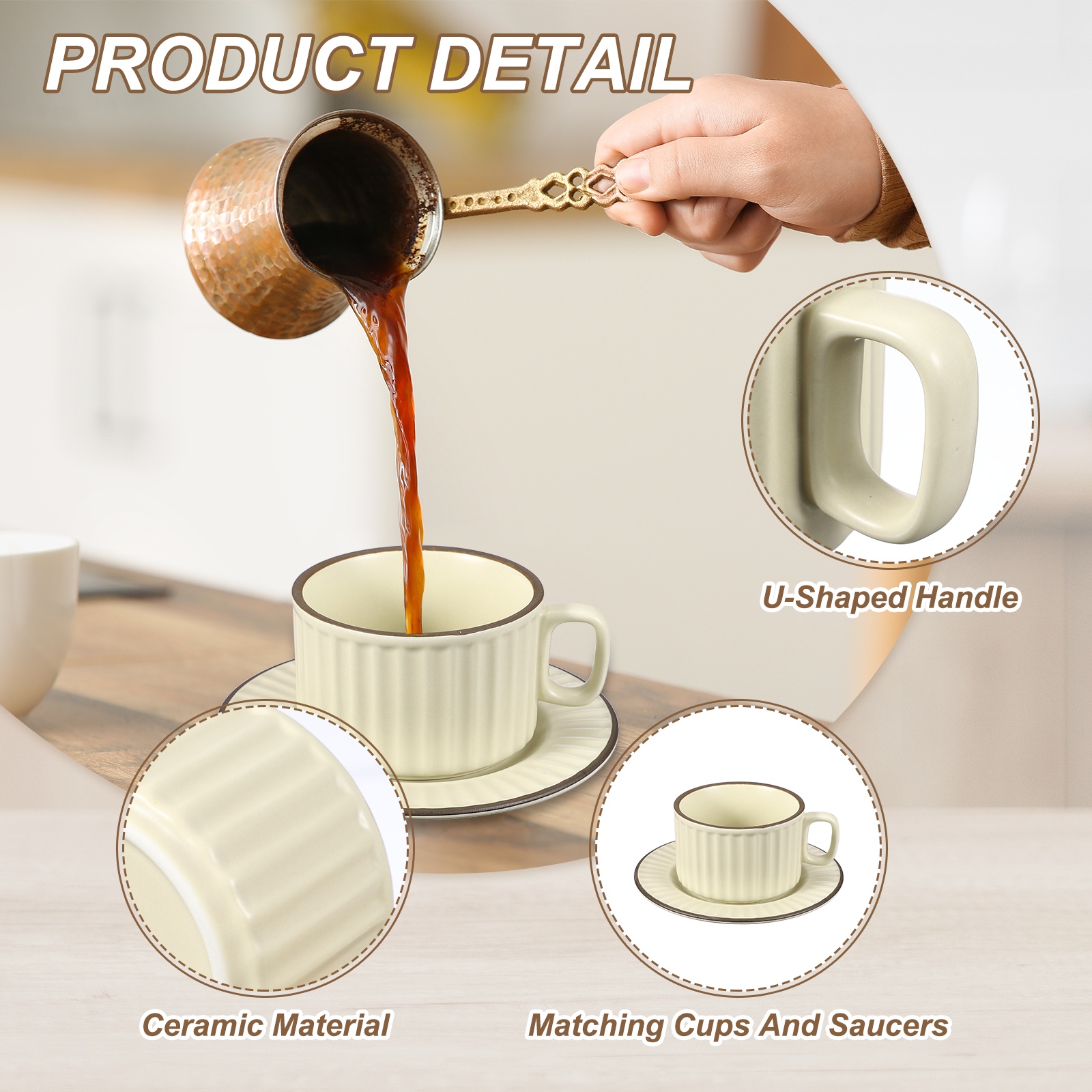 Uxcell Handmade Vintage Espresso Cups, 8 oz Coffee Cups and Saucers Ceramic Tea Cup with Handle Dishwasher and Microwave Safe for Latte Cappuccino Milk Office Home Gifts, Cream