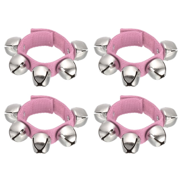 4pcs Wrist Bells, Jingle Bells Ankle Bells Percussion Instruments Musical Rhythm Band with 5 Silvery Bells, Pink