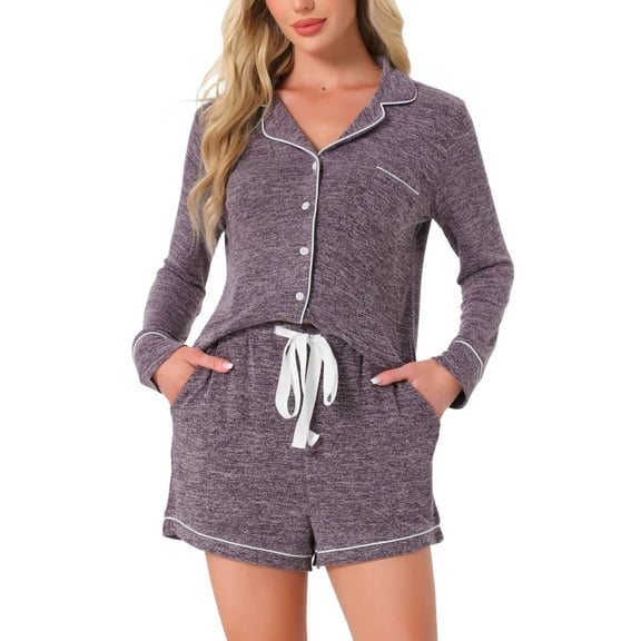 DARING DIVA Lounge Set Soft Button Up Notch Collar Long Sleeve Shorts Set S Purple