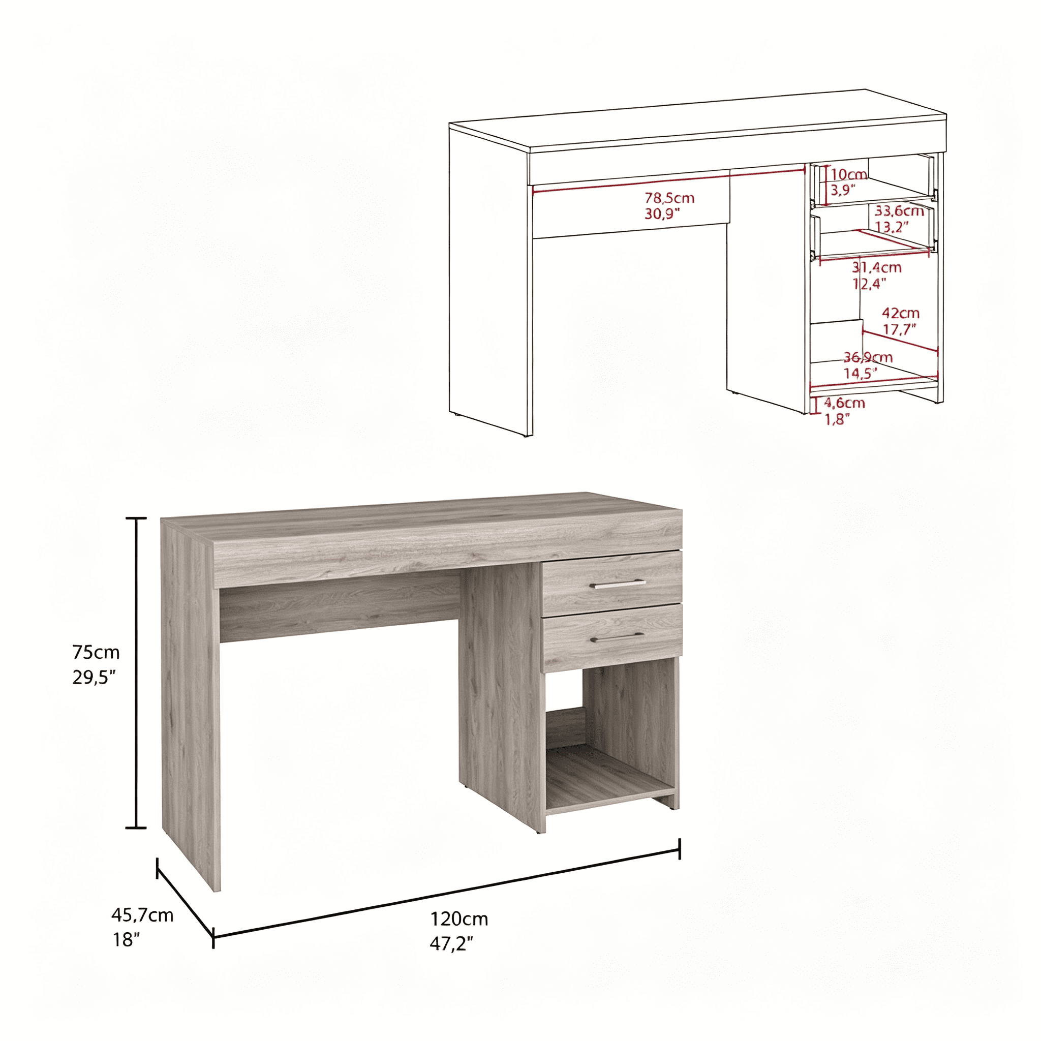 Astoutdoor Two Drawer Computer Desk with Lower Shelf, Light Gray