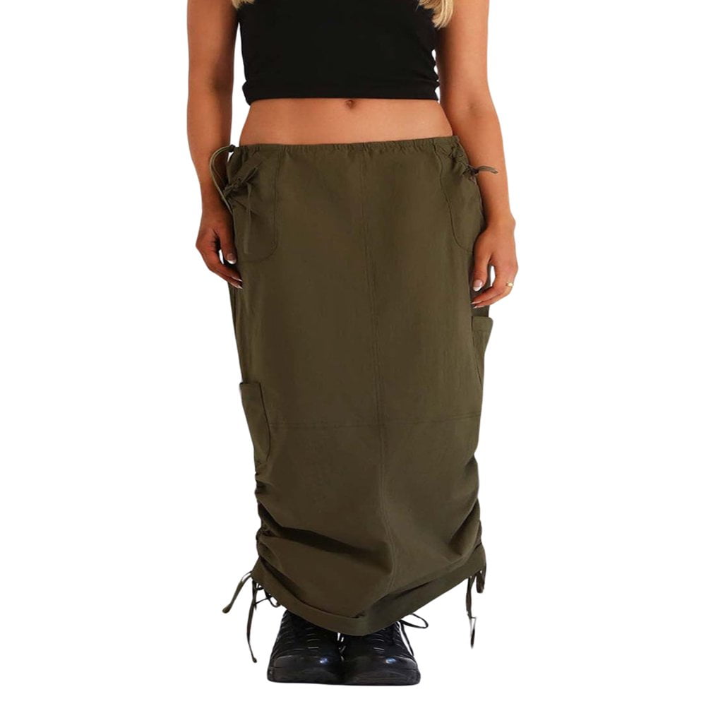 Women Cargo Skirts 90s Drawstring Low Waisted Ruched Maxi Skirt with Pockets Vintage Punk Skirt Streetwear Black M Walmart
