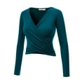 thumbnail image 2 of Made by Johnny Women's Deep V Neck Long Sleeve Cross Wrap Fitted Crop Top S TEAL, 2 of 6