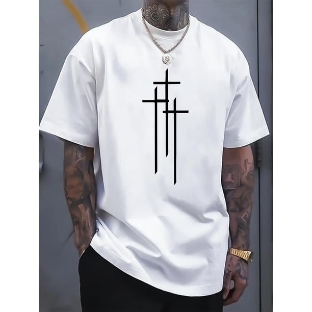 Cross Print Men's , Casual Style, Short Sleeve, Summer T-Shirt, Round Neck, Soft Cotton Material Top Tee For Adult, Men, Women, Teen, Teenager, Adolescent, Youth