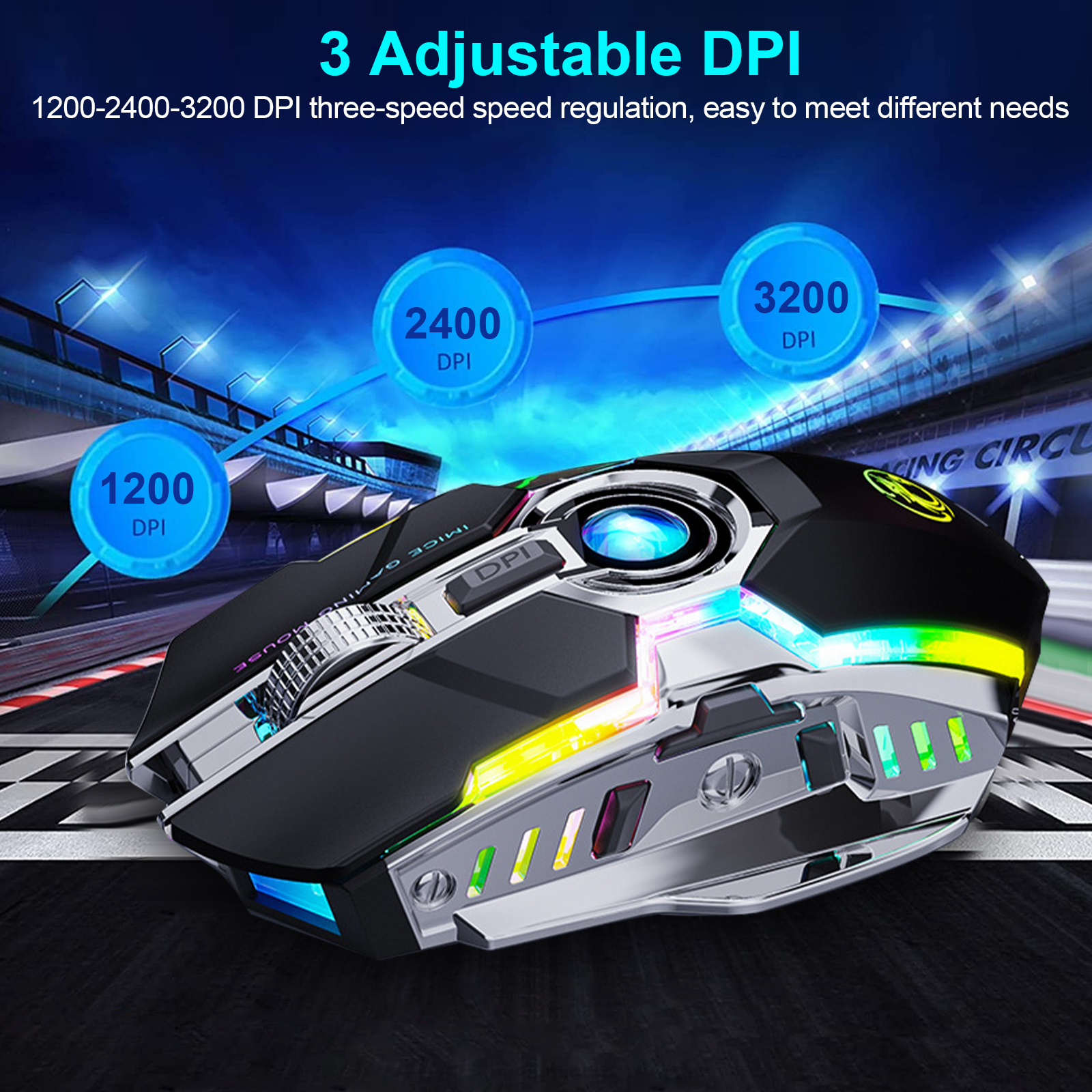 Wireless Gaming Mouse, 2.4G Wireless Rechargeable PC Computer Mouse with 7 Buttons, 3 Adjustable Levels DPI Up to 2400DPI, 7 Colorful LED Lights, Ergonomic Optical Mice for Notebook, PC, Computer, Mac