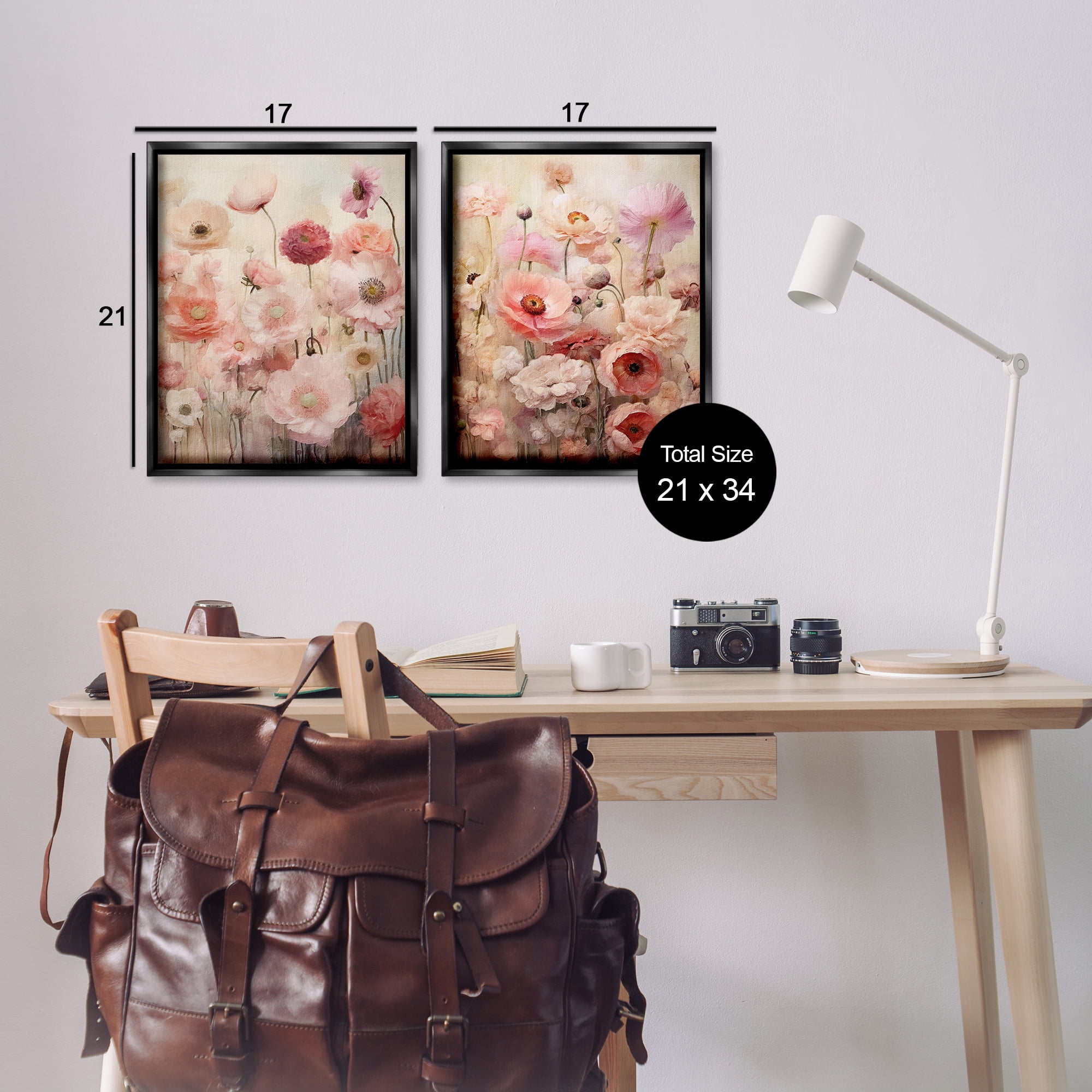 Stupell Industries Pink Blush Floral Field Plants & Flowers Painting Black Floater Framed Canvas Art Print Wall Art, 17 x 21, Set of 2