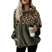 Avamo Winter Fuzzy Fleece Sweater for Women Plus Size Hooded Tops with Pockets Ladies Drawstring Hoodies Sweatshirt Leopard Printed Jumper Clothes Oversize XS-4XL