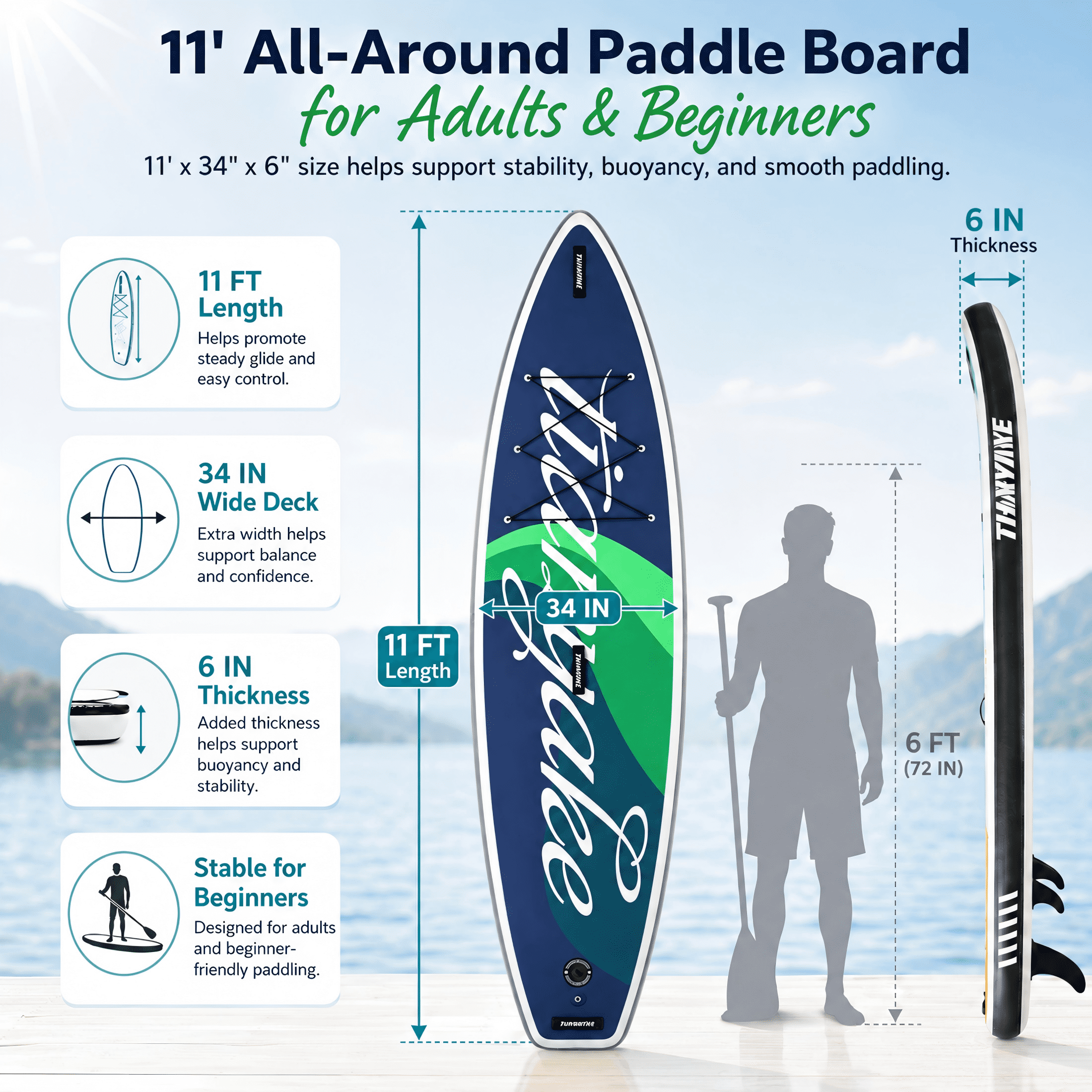 Rayocon 11ft Inflatable Paddle Board, Stand Up SUP Board for Adults & Beginners, Wide Paddleboard with Premium Accessories, Blue Green