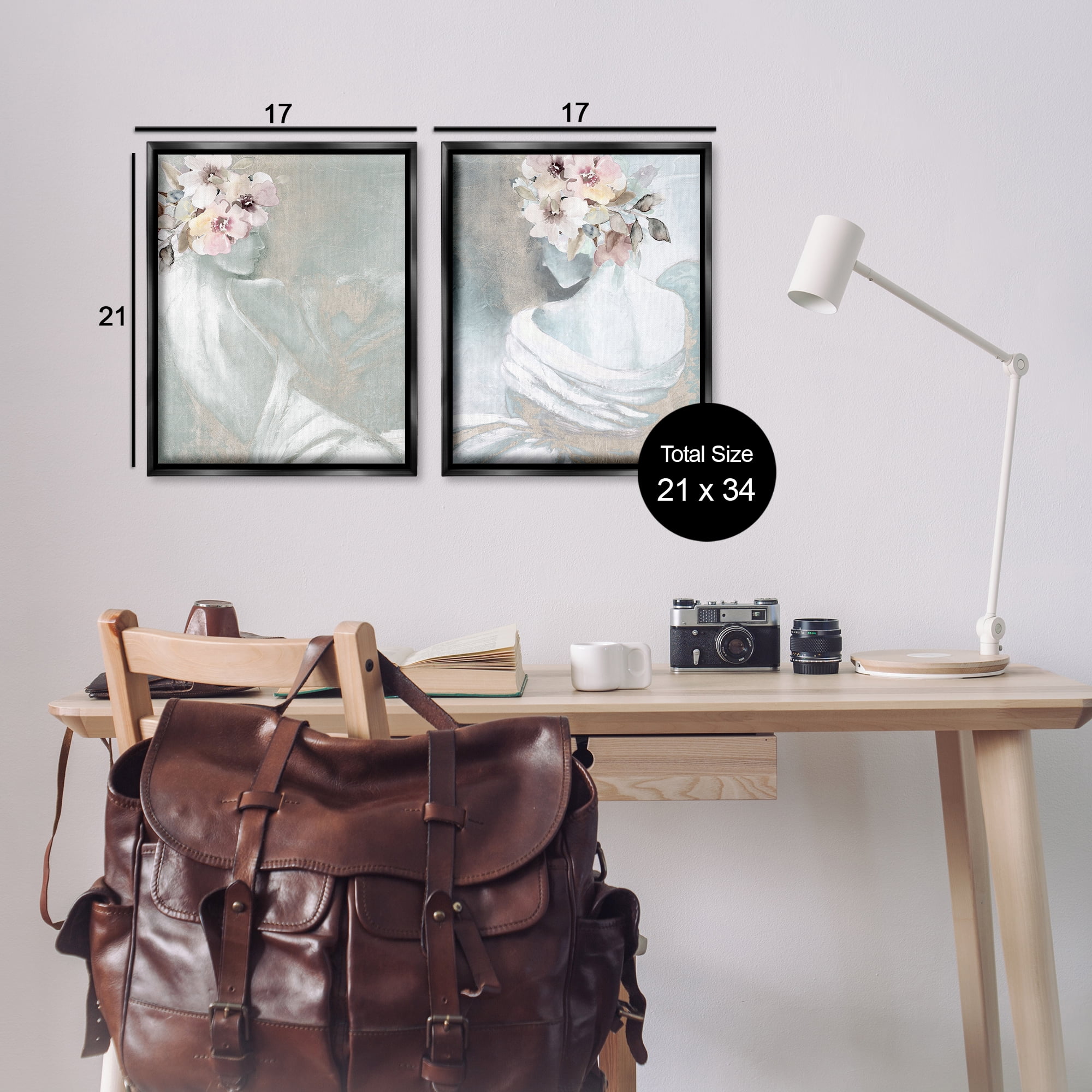 Stupell Industries Female Figure Floral Pose People Painting Black Floater Framed Canvas Art Print Wall Art, 17 x 21, Set of 2
