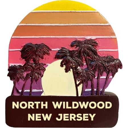 

North Wildwood New Jersey Trendy Souvenir Hand Painted Resin Refrigerator Magnet Sunset and palm trees Design 3-Inch Approximately