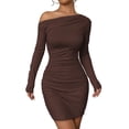 thumbnail image 3 of Women'S Off-The-Shoulder Long-Sleeved Ruffled Bodycon Cocktail Mini Dress Coffee S, 3 of 10
