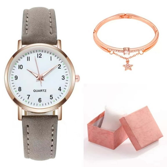 Deeceymbur Vintage Quartz Watch for Women Luminous Dial Leather Strap Small Round Retro Fashion Wristwatch with Bracelet Gift Box