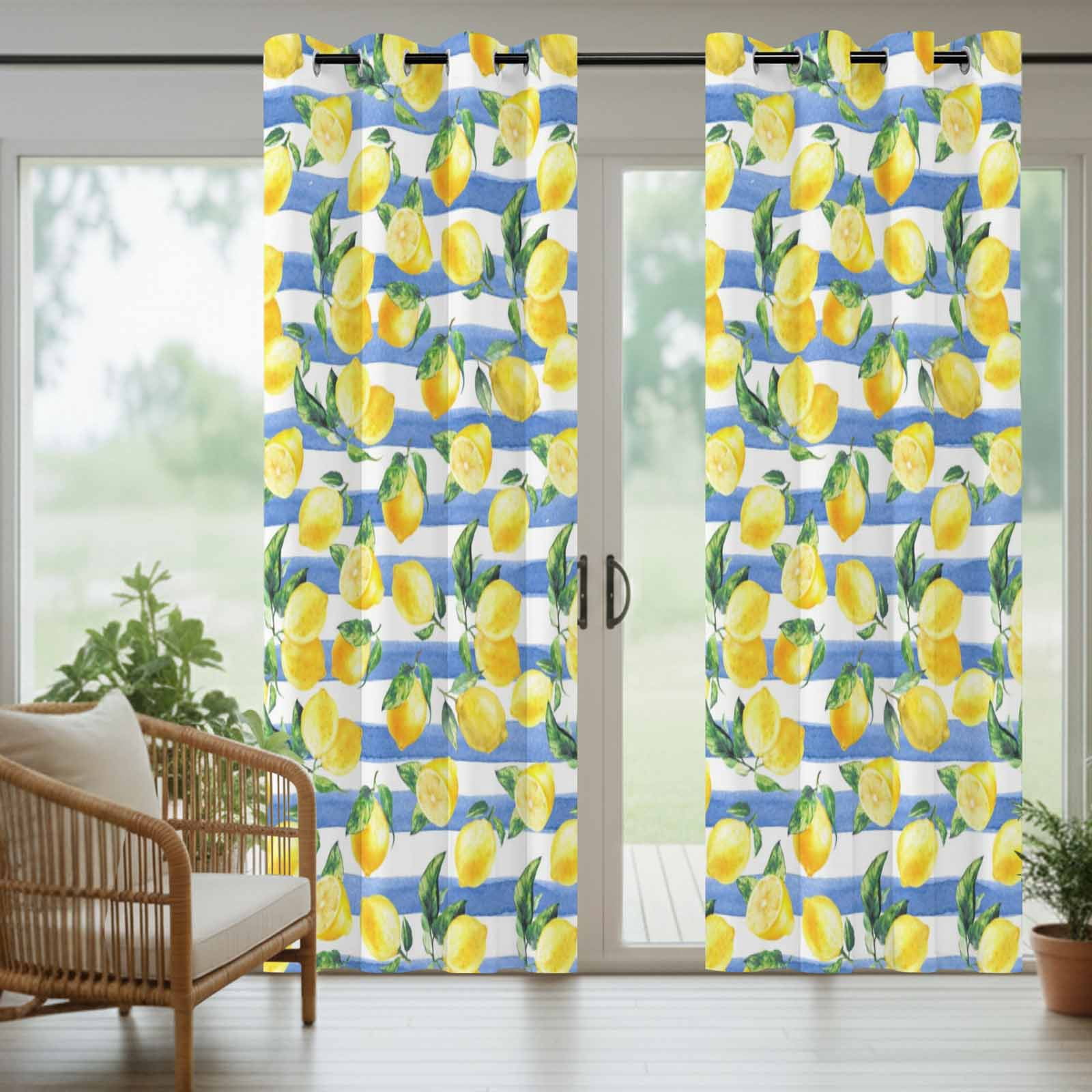 Summer Fruits Outdoor Curtains for Patio, Watercolor Yellow Lemon Blue Stripes Farmhouse Sunshade Privacy Drapes Grommet Waterproof Outside Curtains for Porch/Cabana/Balcony 54"x 108", 1 Panel