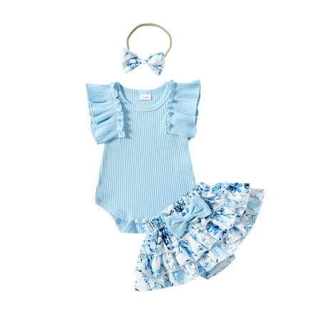 Fshinging 2025 Toddler Girls Outfits Infant Sleeveless Ribbed Romper Bodysuit Floral Prints Shorts Headbands Size 12-18 Months