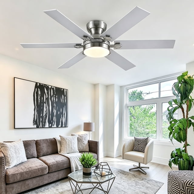 PHORUS 52" Sand Nickel Ceiling Fan with LED Light, Quiet DC Motor, Remote & App Control, 6-Speed Reversible Flush Mount Fan for Bedroom and Living Room