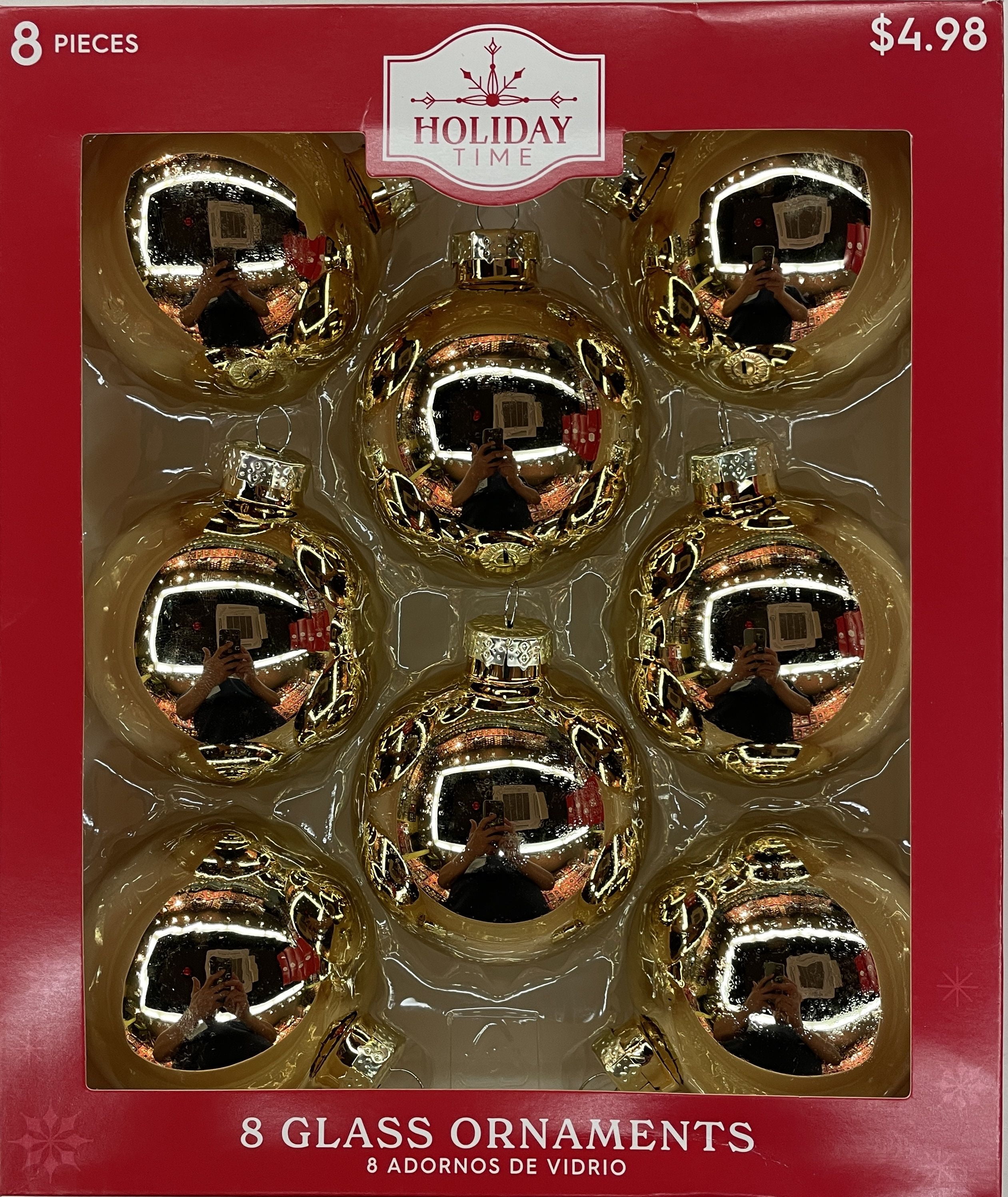 Holiday Time Solid Glass Ball Christmas Ornaments, 2 5/8" (67MM), 8 Count, Boxed Glass, Shiny Gold