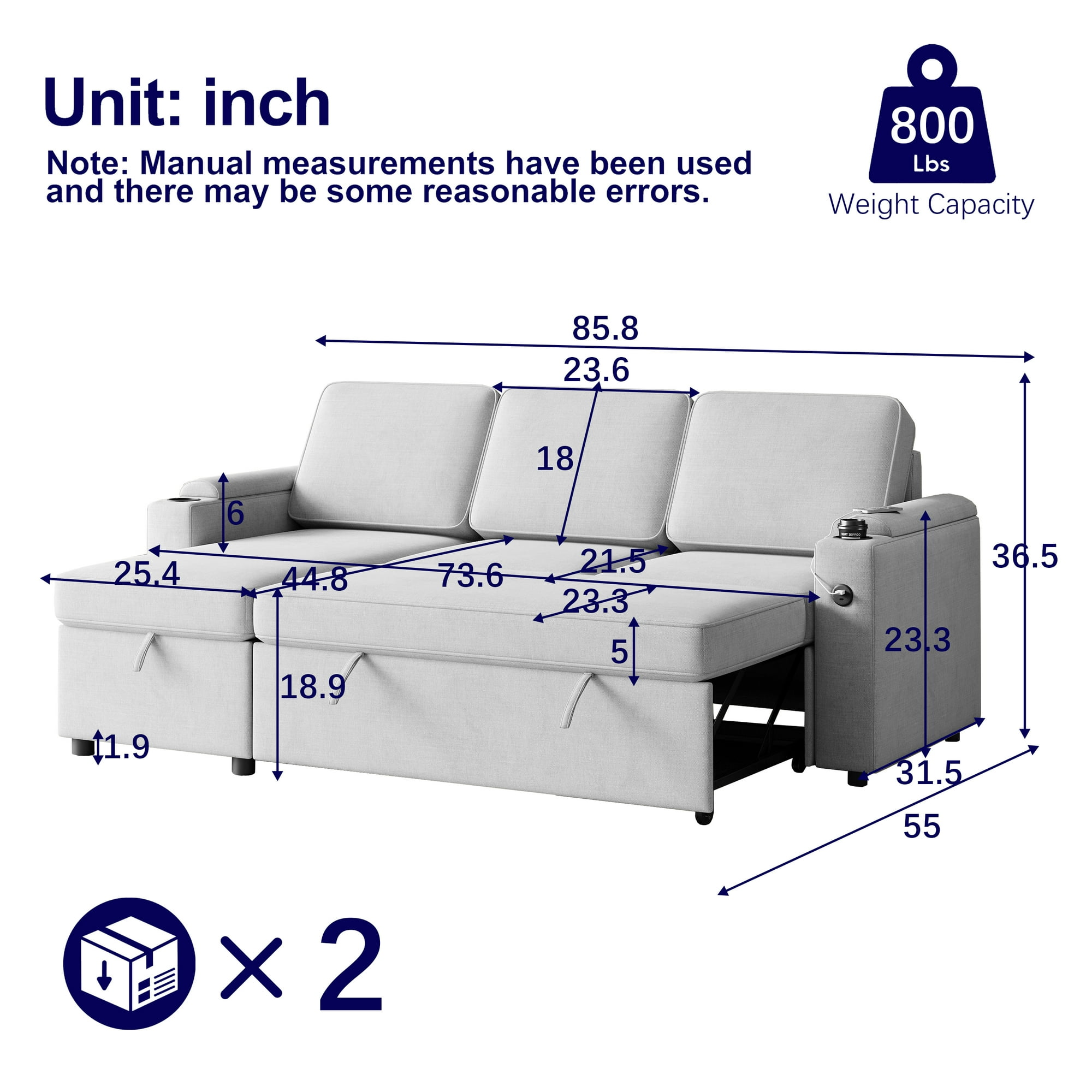 Lunale Sleeper Sectional with Storage Chaise, 85.8" Convertible Couch Bed for Living Room